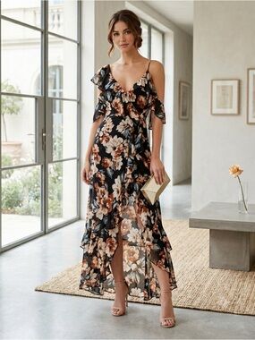 Nicholas Black Floral Silk Ruffle Asymmetric Cold Shoulder Maxi Dress - US 0 /XS